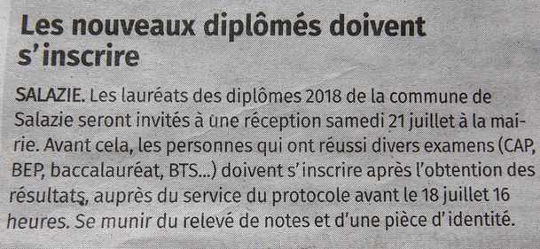 7 juillet 2018 - Presse locale Ile de la Runion -Salazie - Rception des diplms
