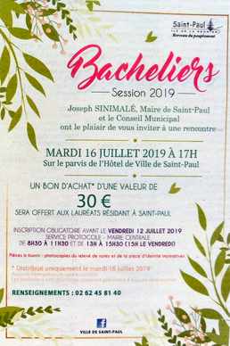 7 juillet 2019 - Presse locale de la Runion - Encart de flicitations aux nouveaux bacheliers - Mairie de St- Paul - Bon d'achat de 30 €